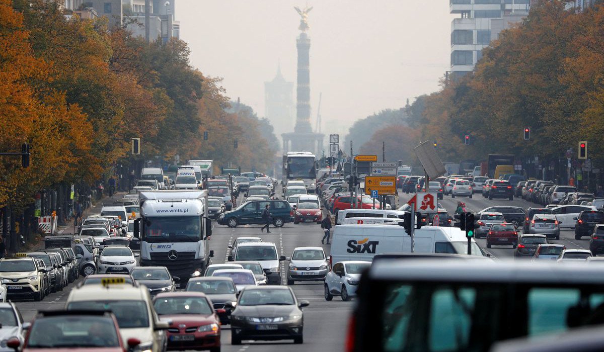 Cars are seen at Kaiserdamm street in Berlin
